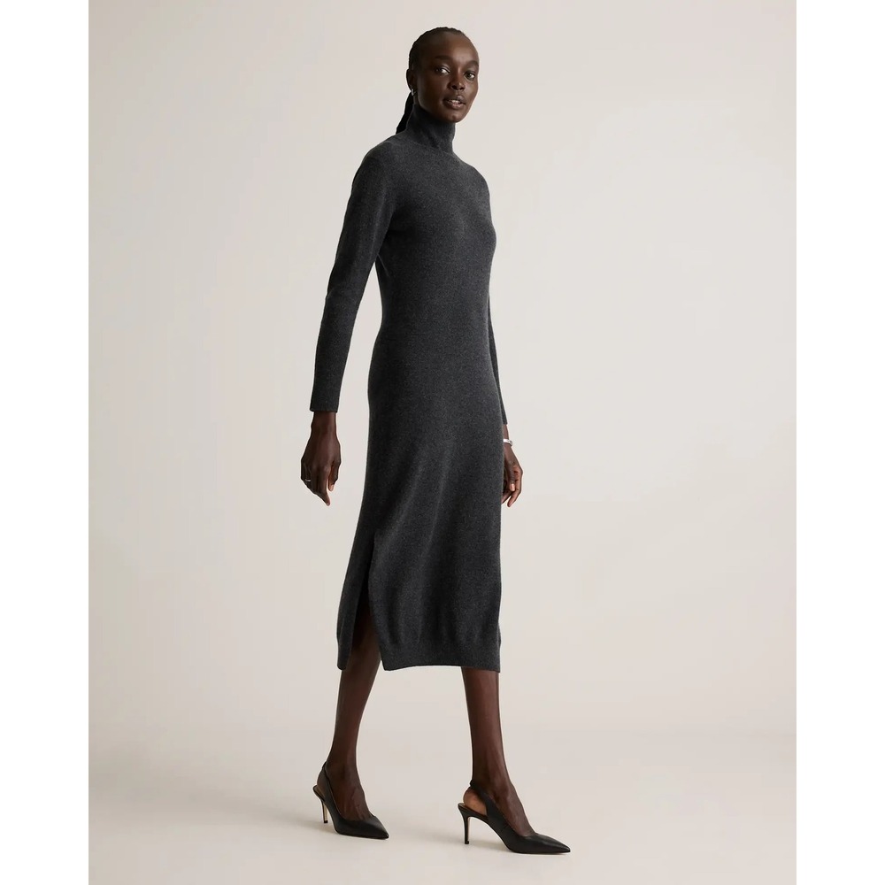 Quince Mongolian Cashmere Turtleneck Midi Sweater Dress Women S Black Slit FLAWS